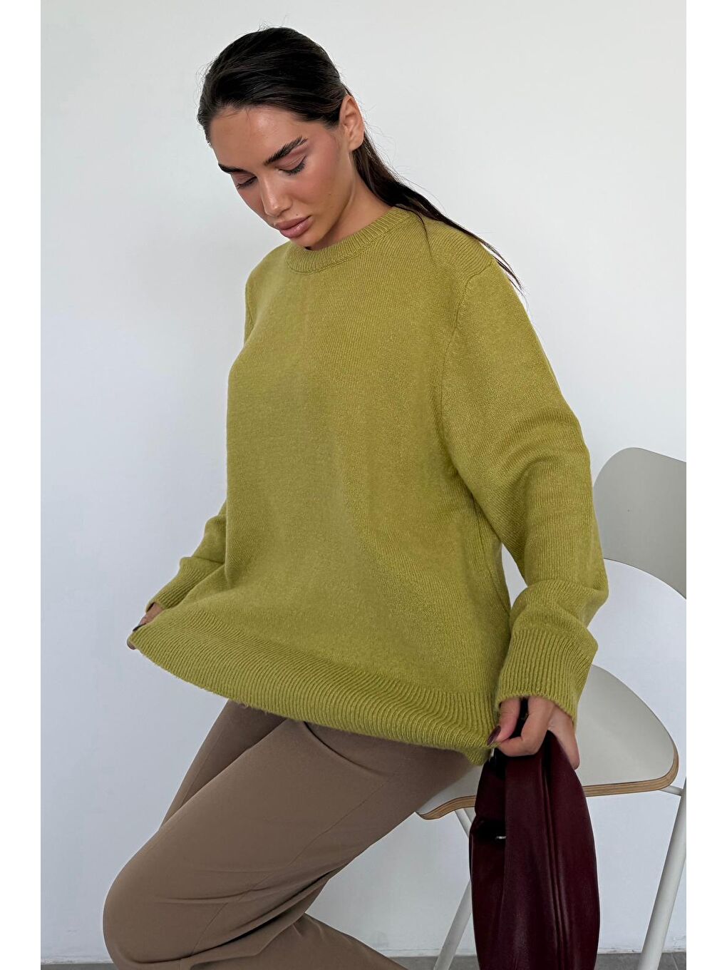 Yeşil Bisiklet Yaka Kadın Triko Kazak Mg2494-7