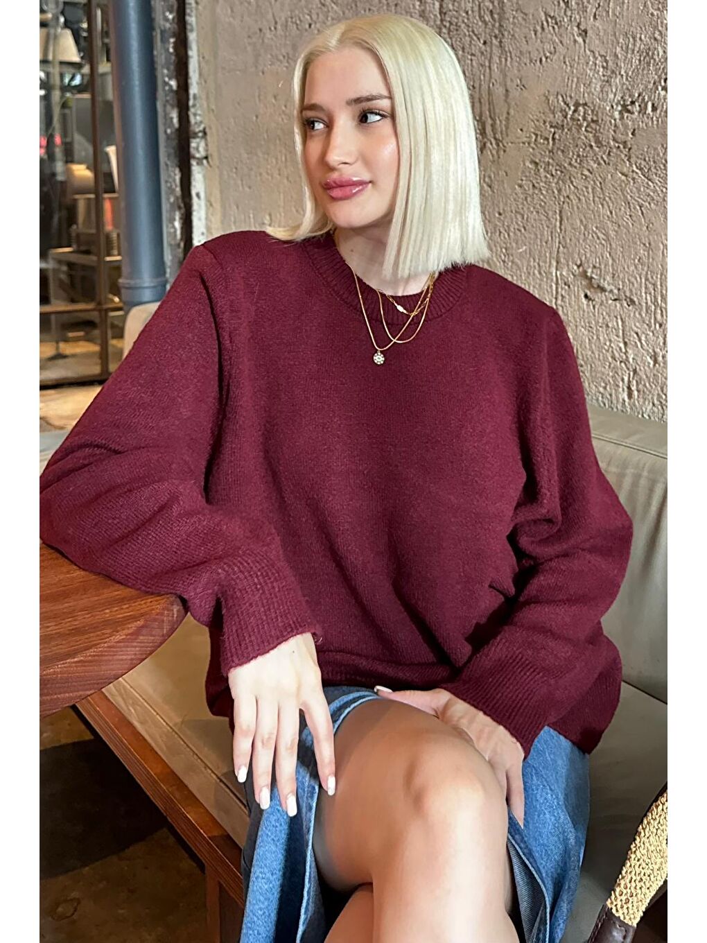 Bordo Bisiklet Yaka Kadın Triko Kazak Mg2494