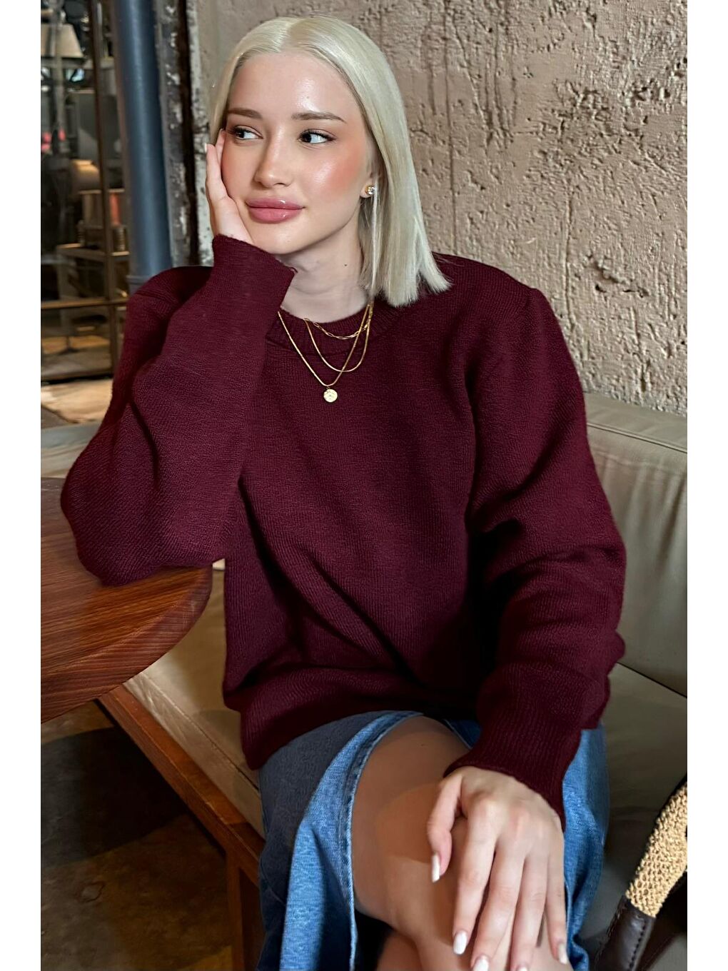 Bordo Bisiklet Yaka Kadın Triko Kazak Mg2494-4