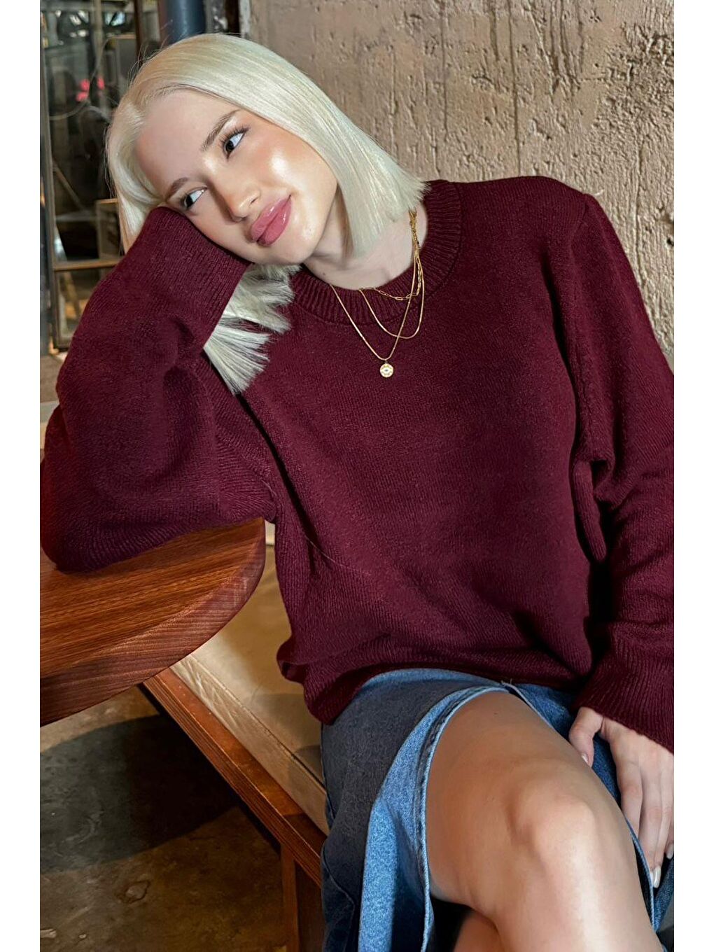 Bordo Bisiklet Yaka Kadın Triko Kazak Mg2494-6