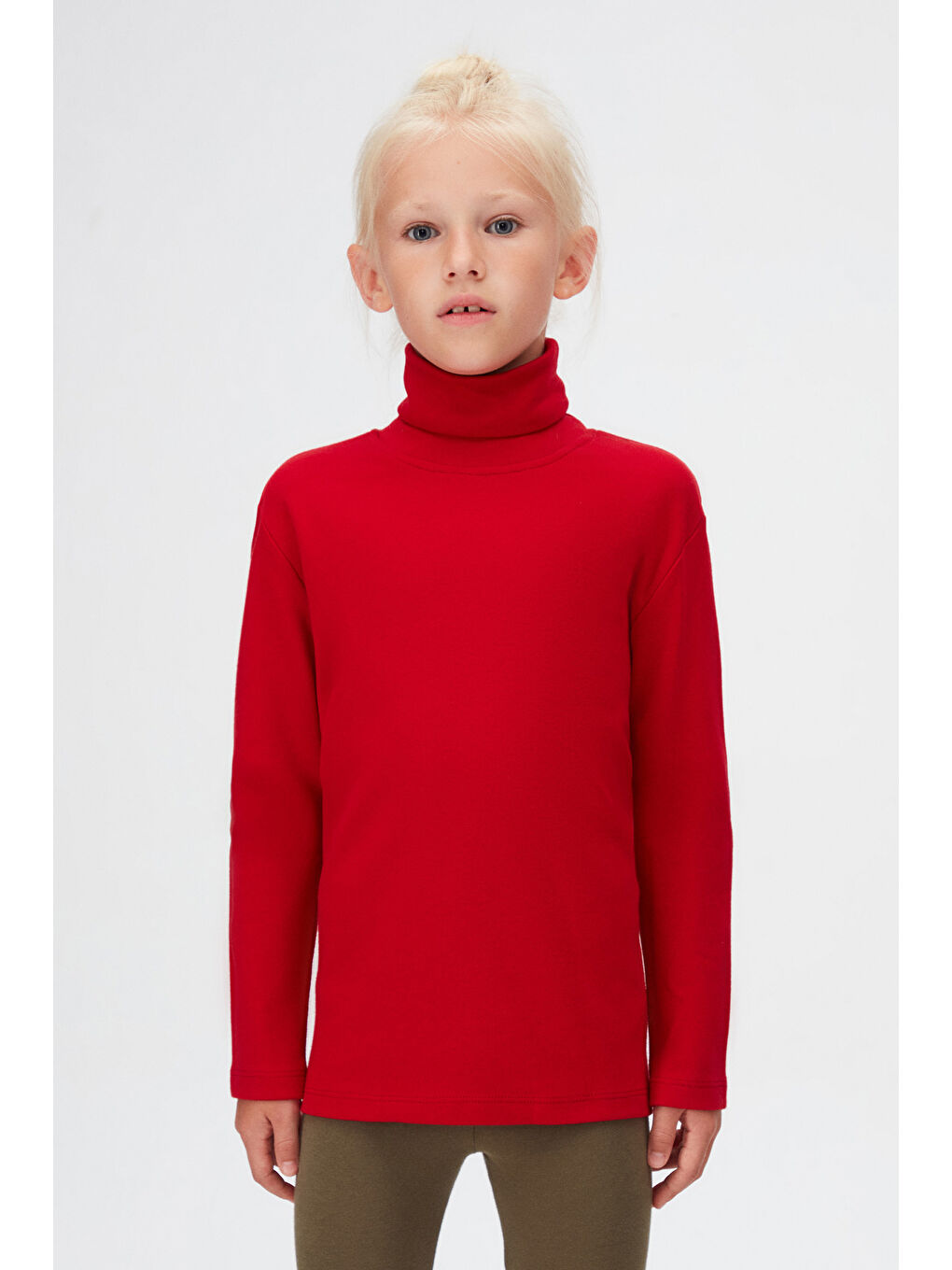 Kırmızı Basic Kışlık Tam Balıkçı Yaka Uzun Kollu Kız Çocuk Tişört-1