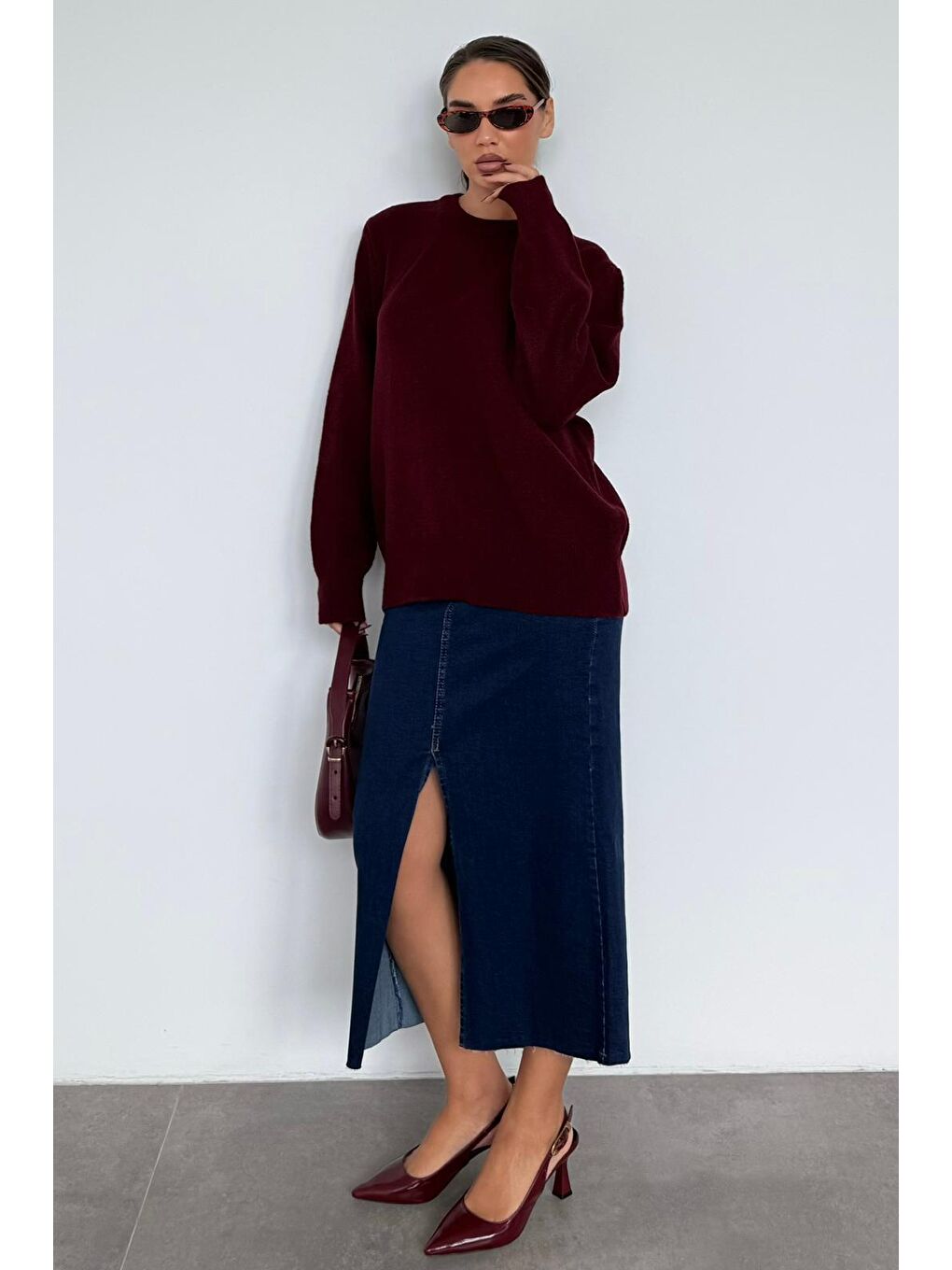 Bordo Bisiklet Yaka Kadın Triko Kazak Mg2494-8