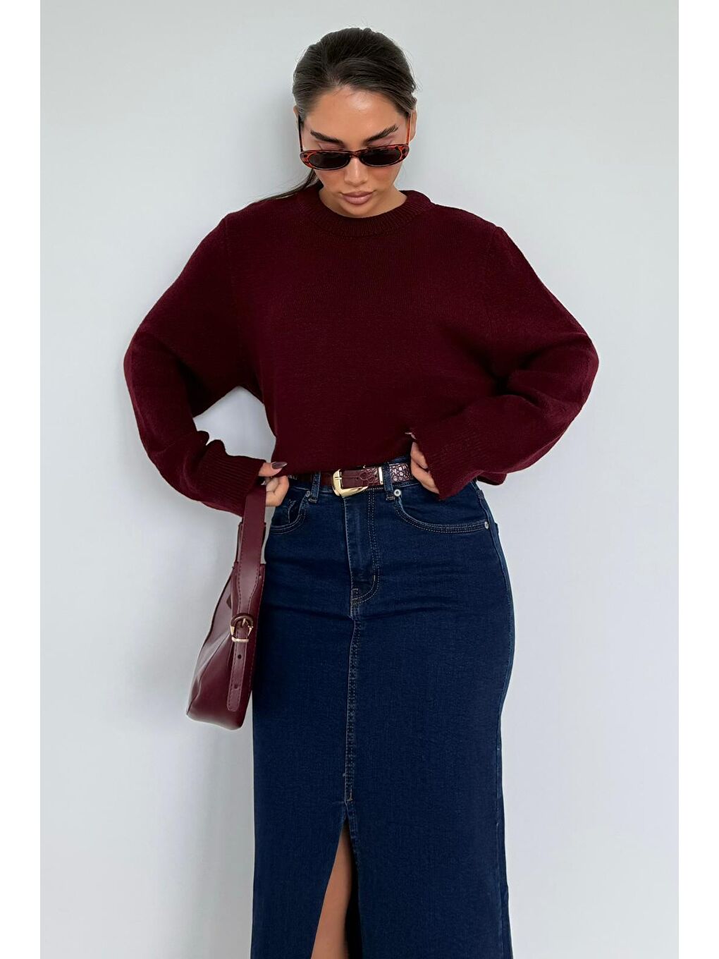 Bordo Bisiklet Yaka Kadın Triko Kazak Mg2494-10