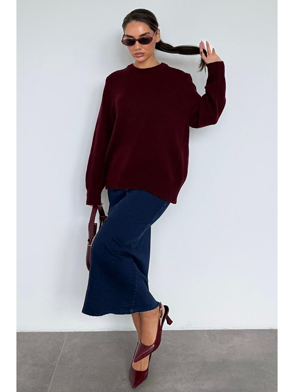 Bordo Bisiklet Yaka Kadın Triko Kazak Mg2494-11