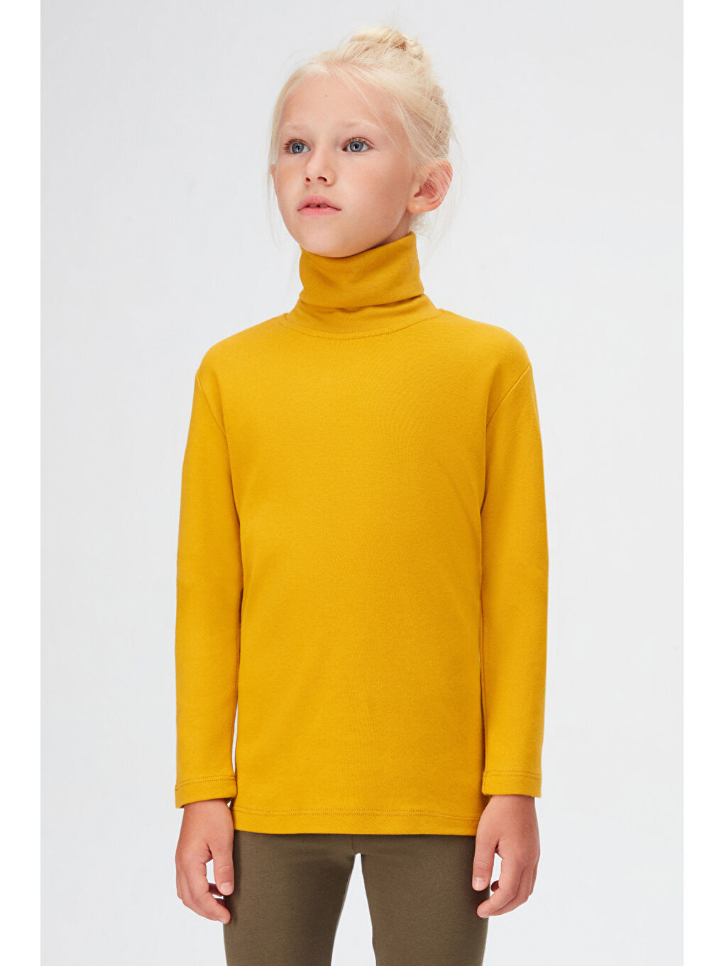 Sarı Hardal Kız Çocuk Tam Balıkçı Uzun Kol Tişört-1