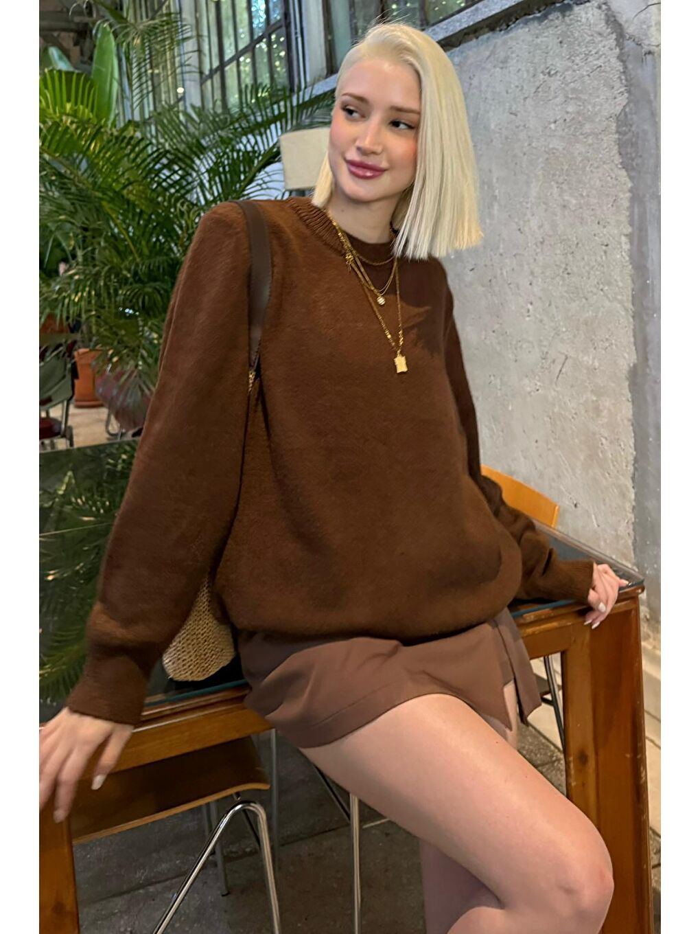 Kahverengi Bisiklet Yaka Kadın Triko Kazak Mg2494-1