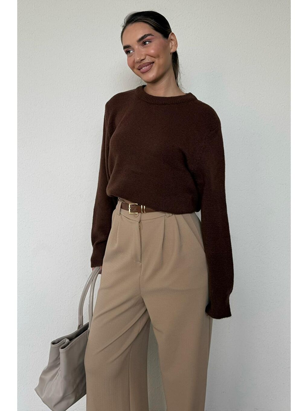 Kahverengi Bisiklet Yaka Kadın Triko Kazak Mg2494-2