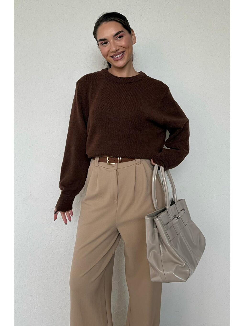 Kahverengi Bisiklet Yaka Kadın Triko Kazak Mg2494-7