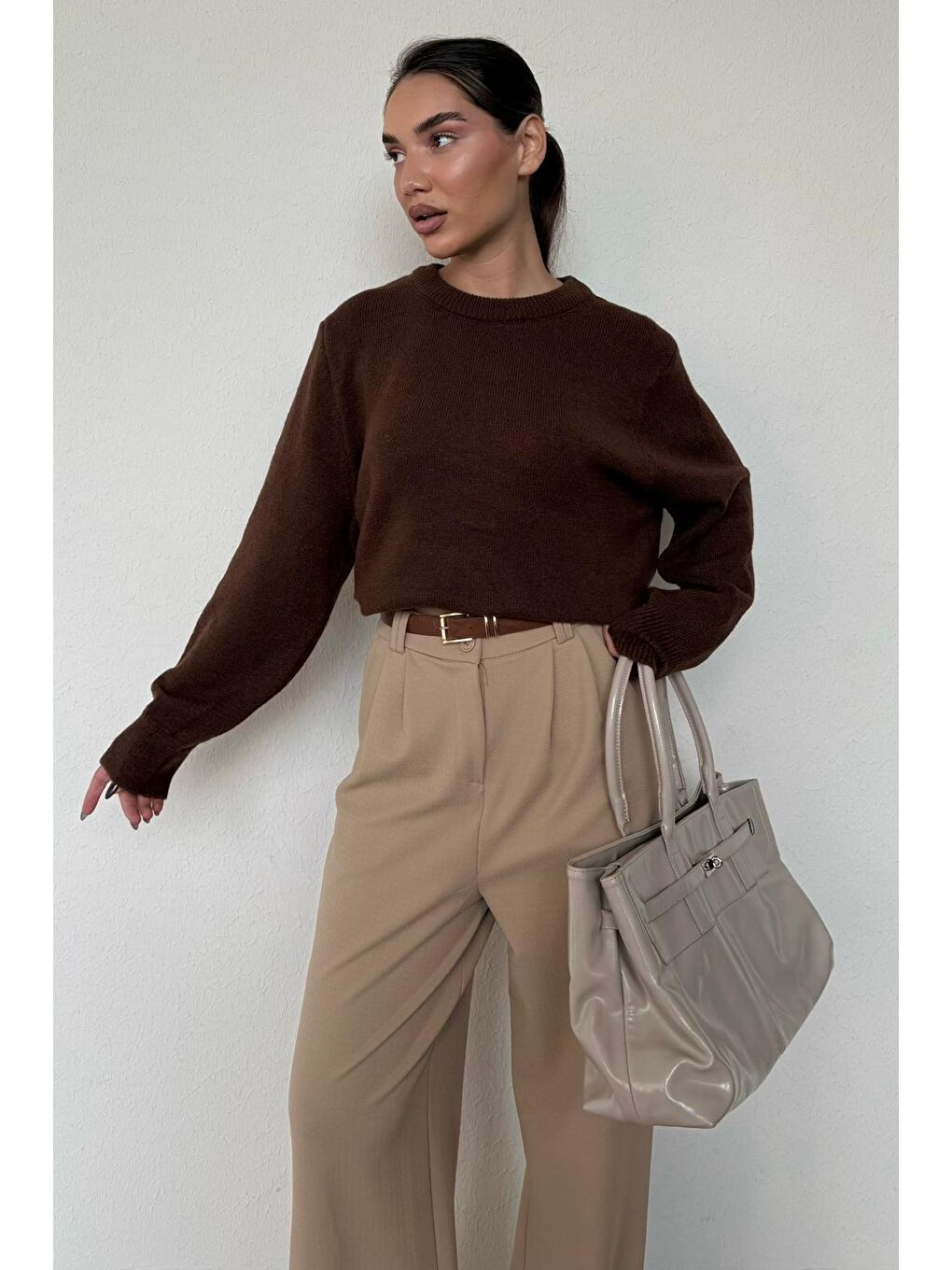 Kahverengi Bisiklet Yaka Kadın Triko Kazak Mg2494-8