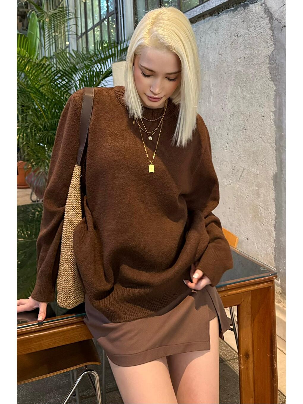 Kahverengi Bisiklet Yaka Kadın Triko Kazak Mg2494-10