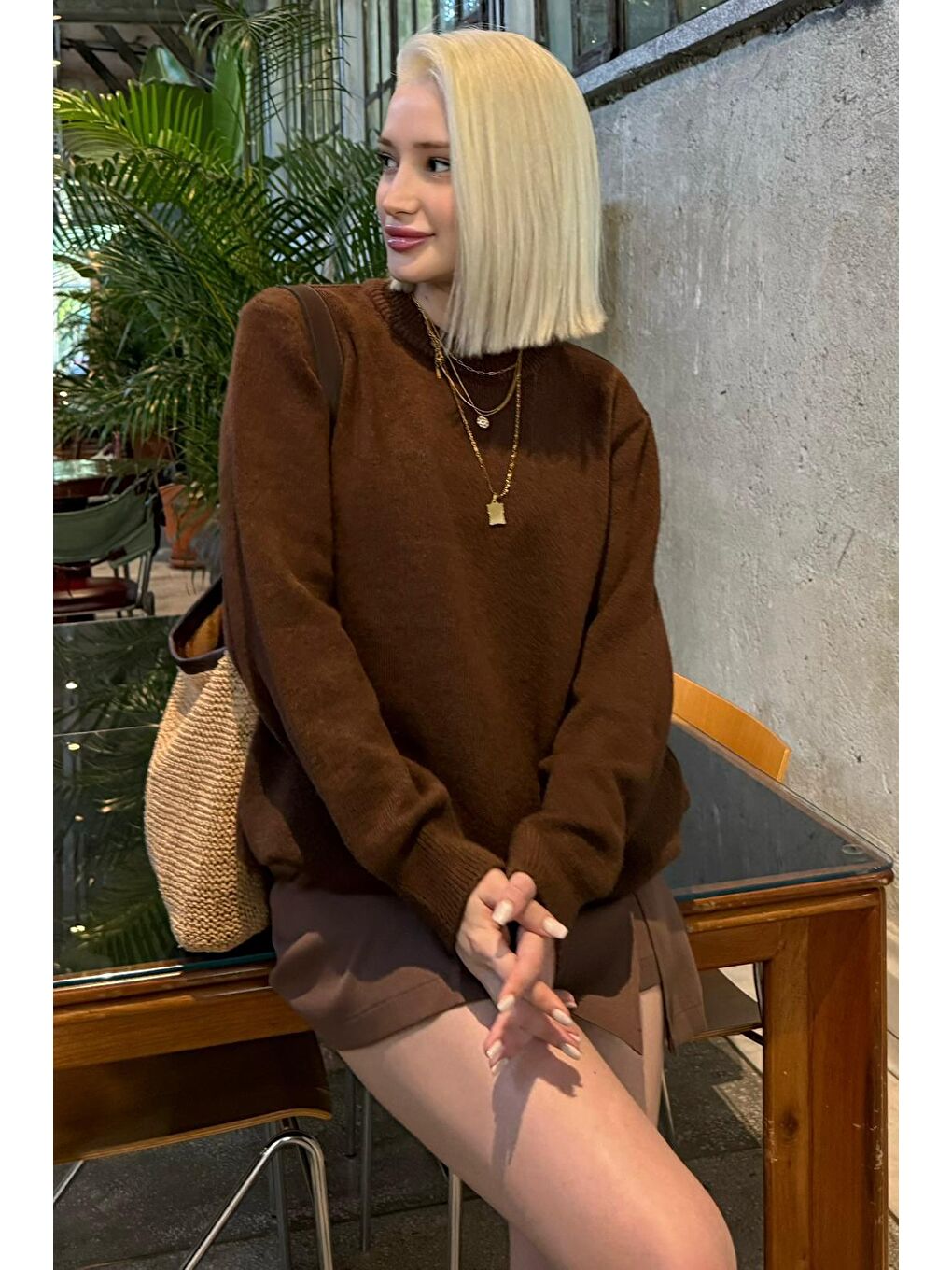 Kahverengi Bisiklet Yaka Kadın Triko Kazak Mg2494-11