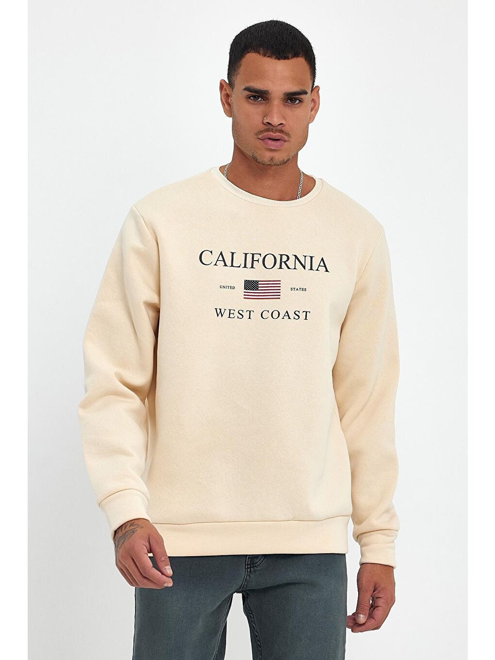 Bej Erkek Bisiklet Yaka Regular Fit İçi Polarlı 3 İplik Amerikan Baskılı Swetashırt spr24sw26-2