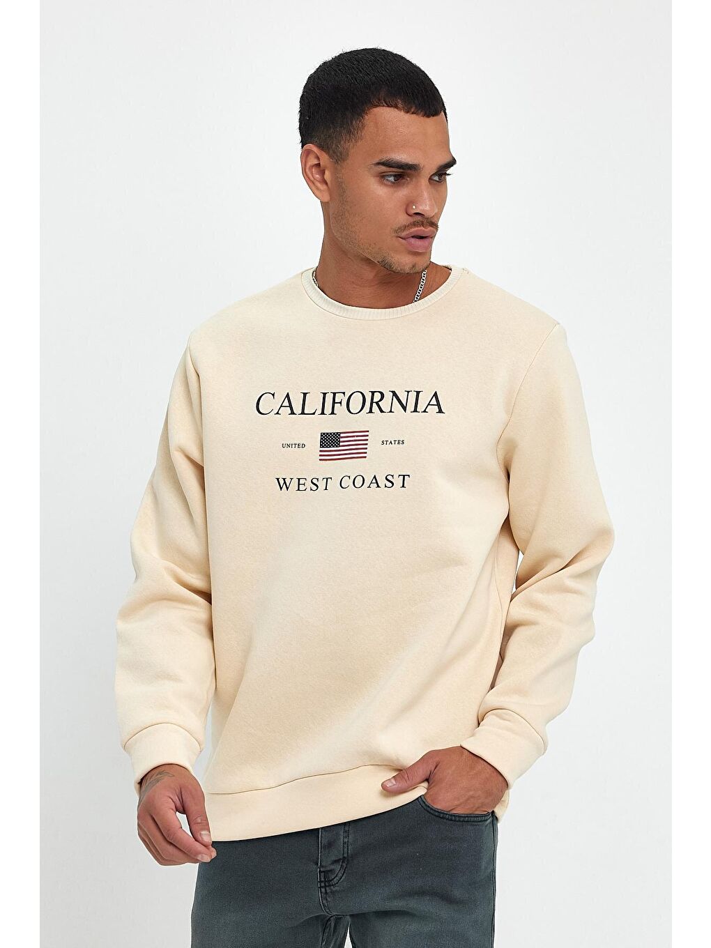 Bej Erkek Bisiklet Yaka Regular Fit İçi Polarlı 3 İplik Amerikan Baskılı Swetashırt spr24sw26-4