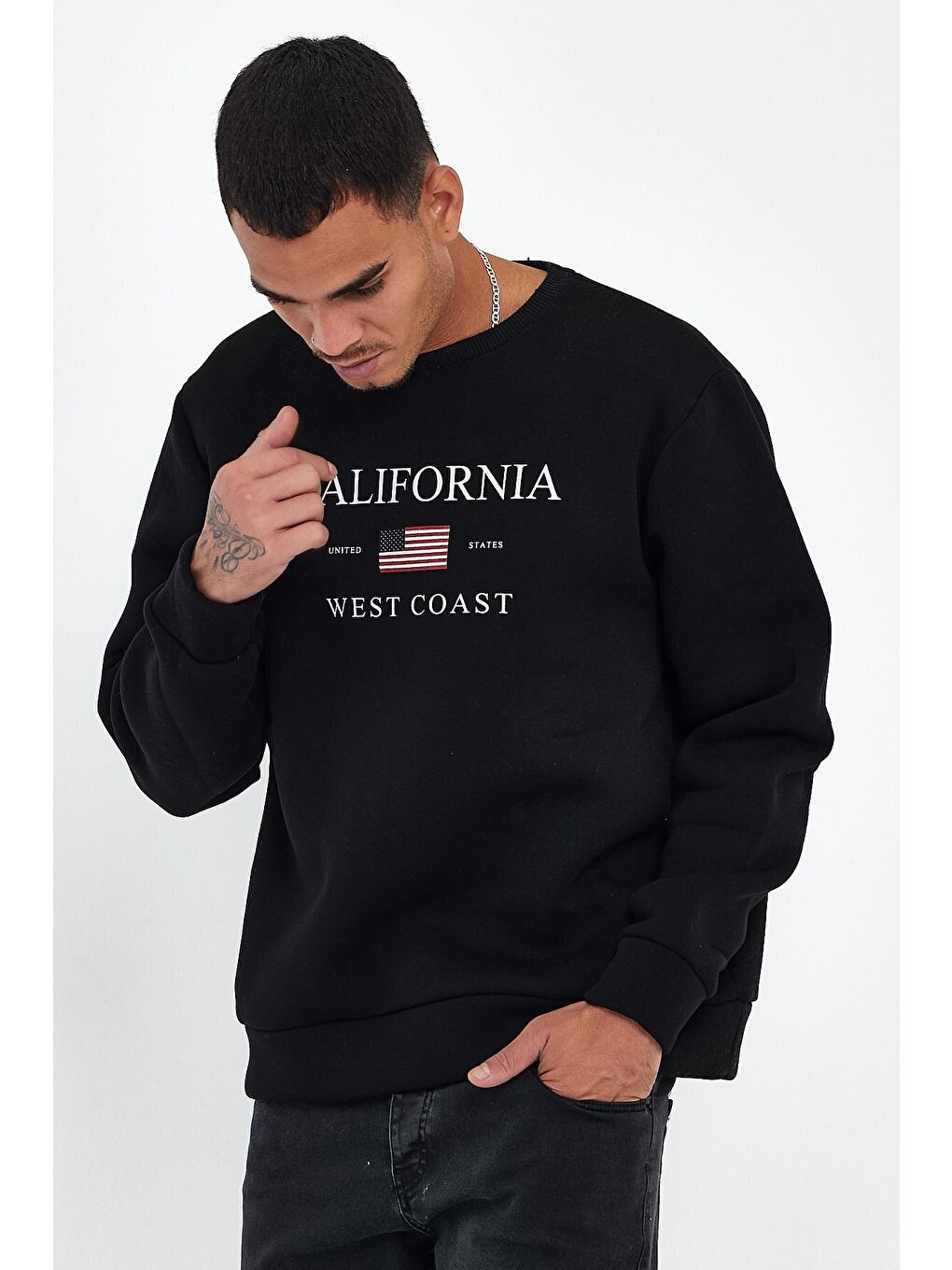 Siyah Erkek Bisiklet Yaka Regular Fit İçi Polarlı 3 İplik Amerikan Baskılı Swetashırt spr24sw26-1