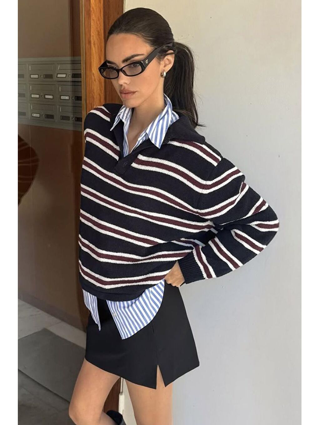 Siyah Polo Yaka Çizgili Kadın Triko Kazak Mg2469-1