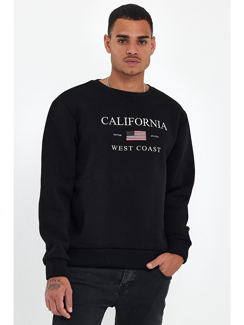 Siyah Erkek Bisiklet Yaka Regular Fit İçi Polarlı 3 İplik Amerikan Baskılı Swetashırt spr24sw26-2