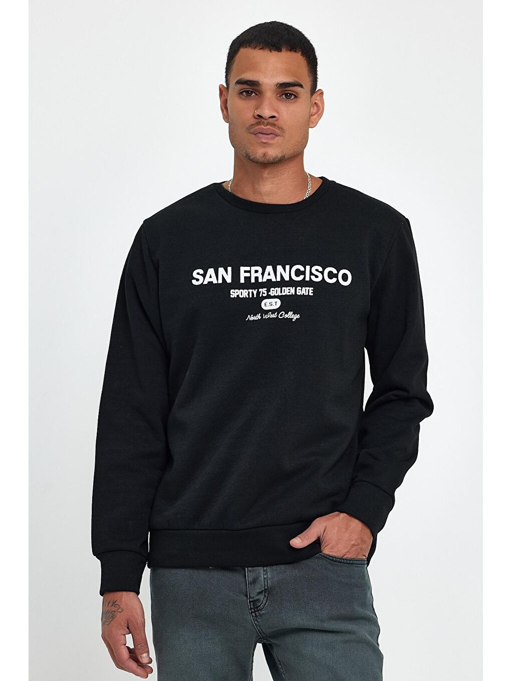 Siyah Erkek Bisiklet Yaka Regular Fit İçi Polarlı 3 İplik Baskılı Swetashırt Spr24sw27-1