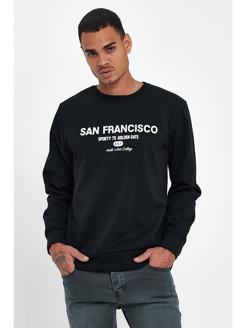 Siyah Erkek Bisiklet Yaka Regular Fit İçi Polarlı 3 İplik Baskılı Swetashırt Spr24sw27-2