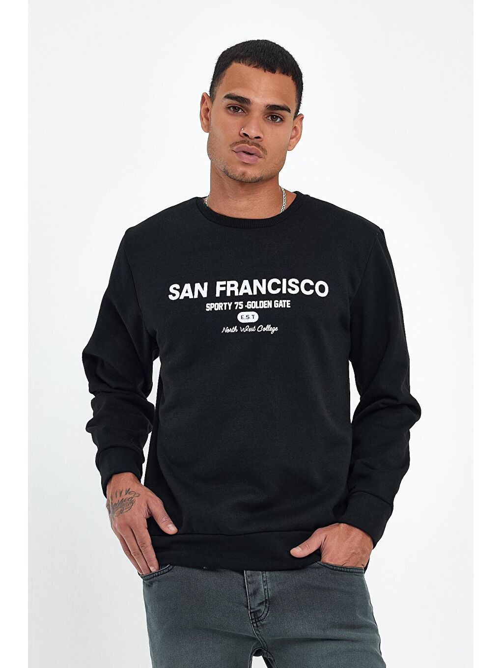 Siyah Erkek Bisiklet Yaka Regular Fit İçi Polarlı 3 İplik Baskılı Swetashırt Spr24sw27-3