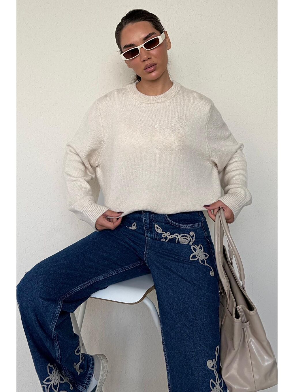 Bej Bisiklet Yaka Kadın Triko Kazak Mg2494-4