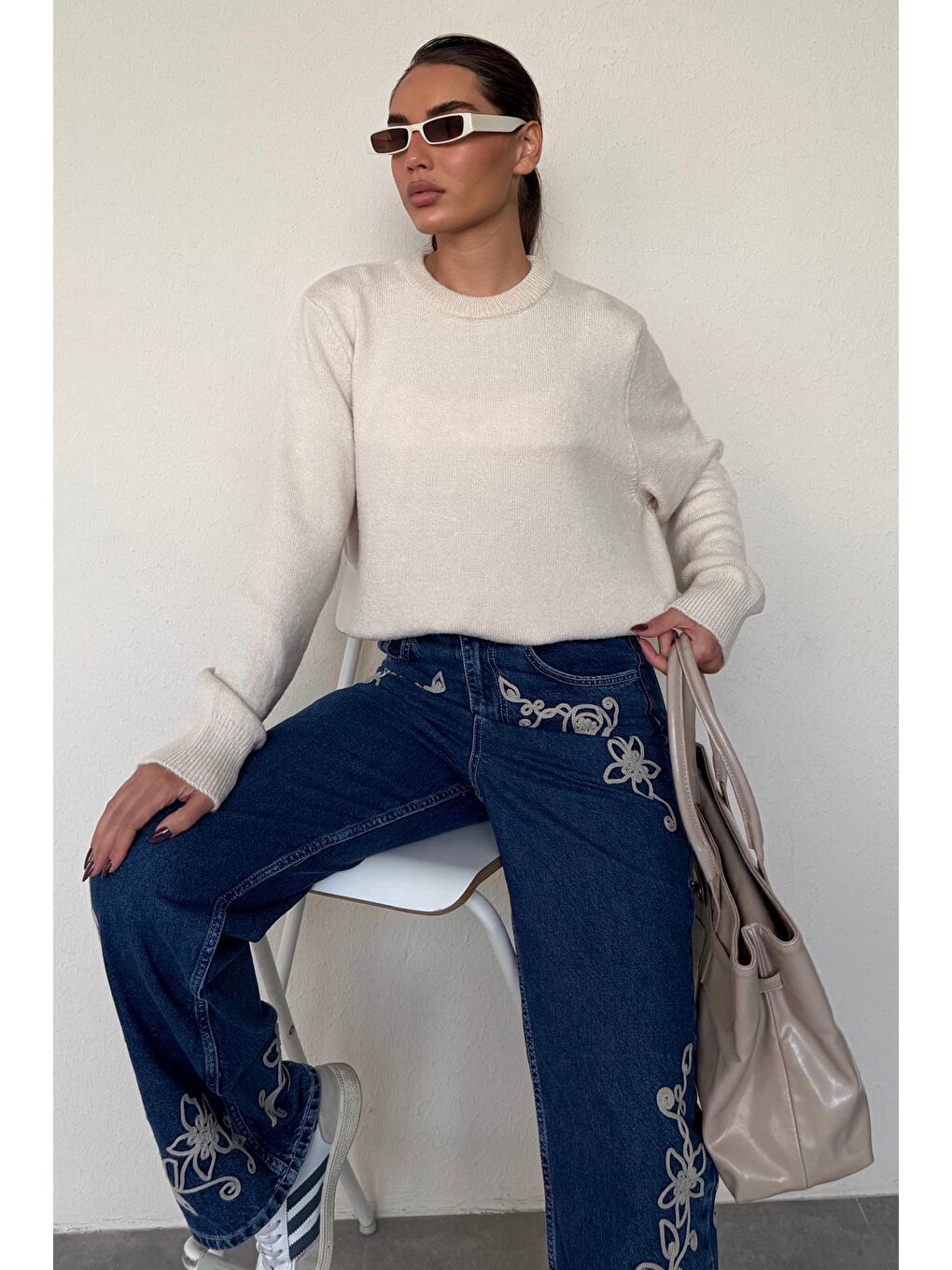 Bej Bisiklet Yaka Kadın Triko Kazak Mg2494-6