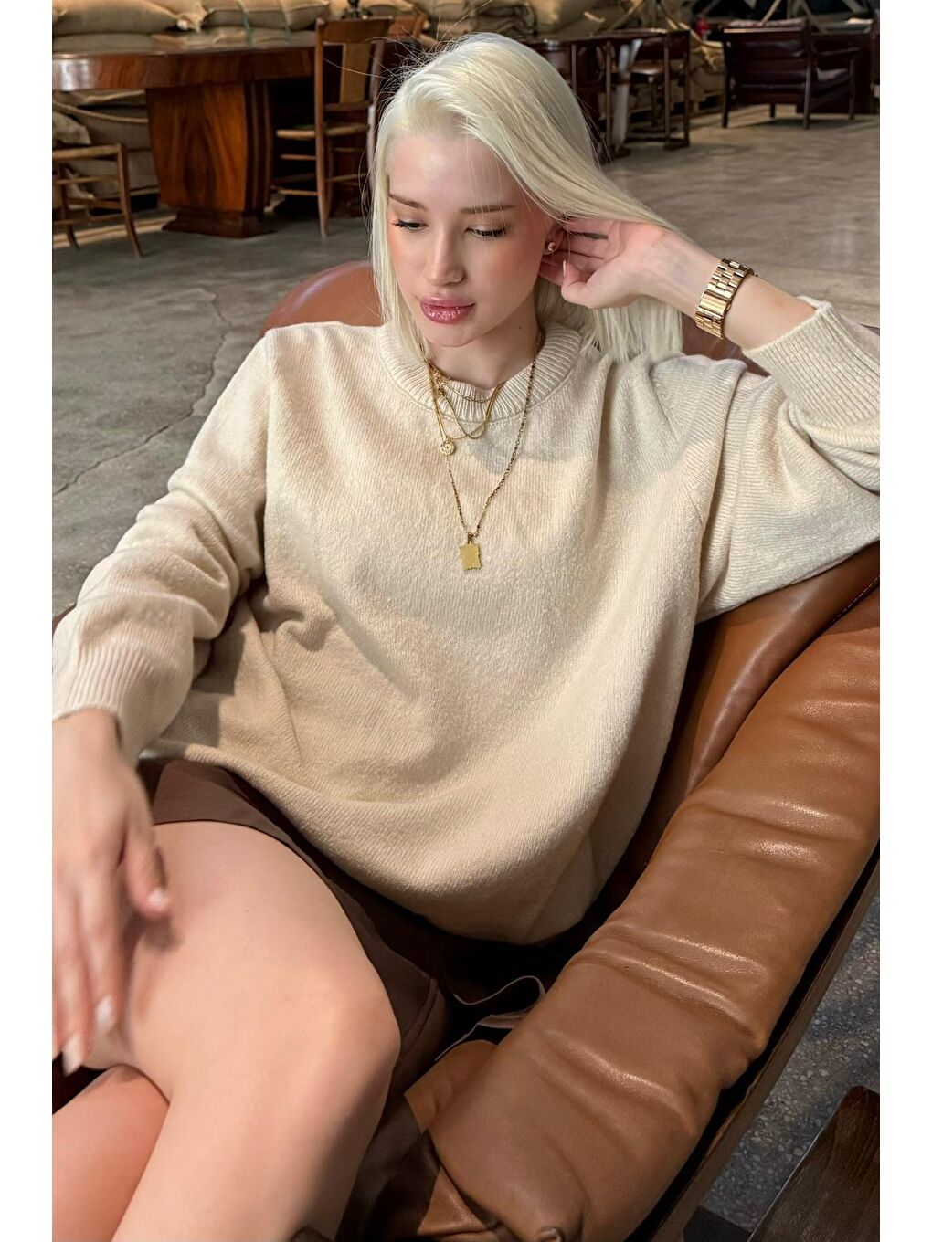 Bej Bisiklet Yaka Kadın Triko Kazak Mg2494-7