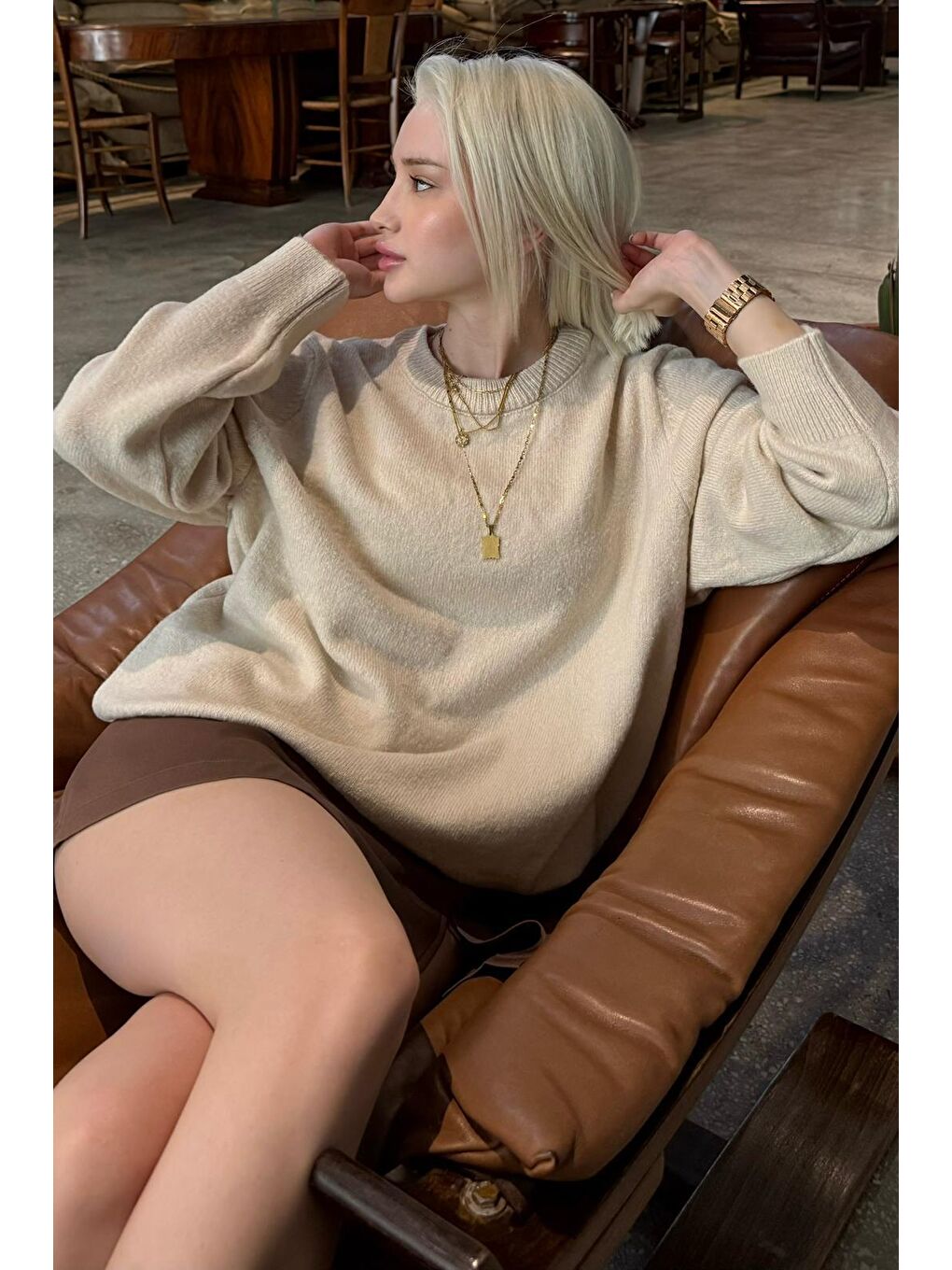 Bej Bisiklet Yaka Kadın Triko Kazak Mg2494-8