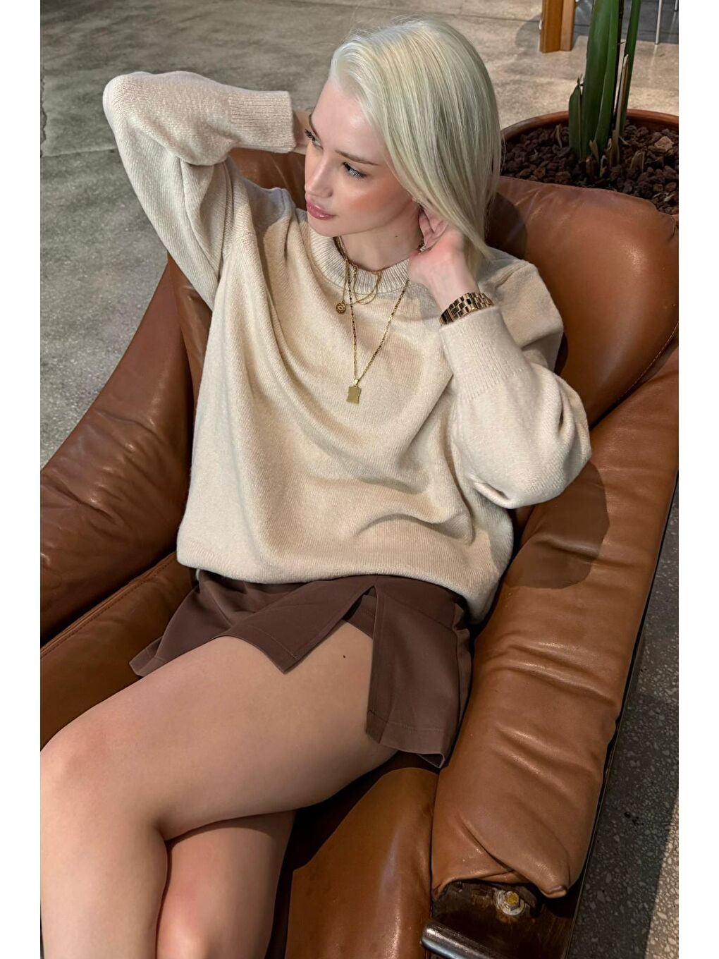 Bej Bisiklet Yaka Kadın Triko Kazak Mg2494-9