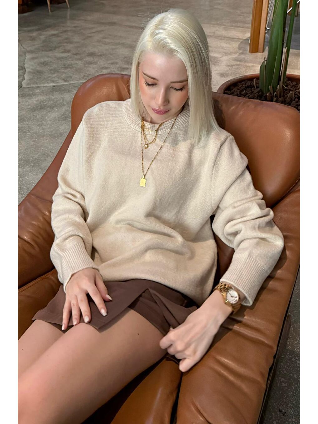 Bej Bisiklet Yaka Kadın Triko Kazak Mg2494-10