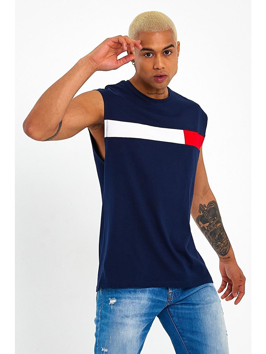 Lacivert Bisiklet Yaka Regular Fit Garnili Erkek Tişört SPR23AT346-1