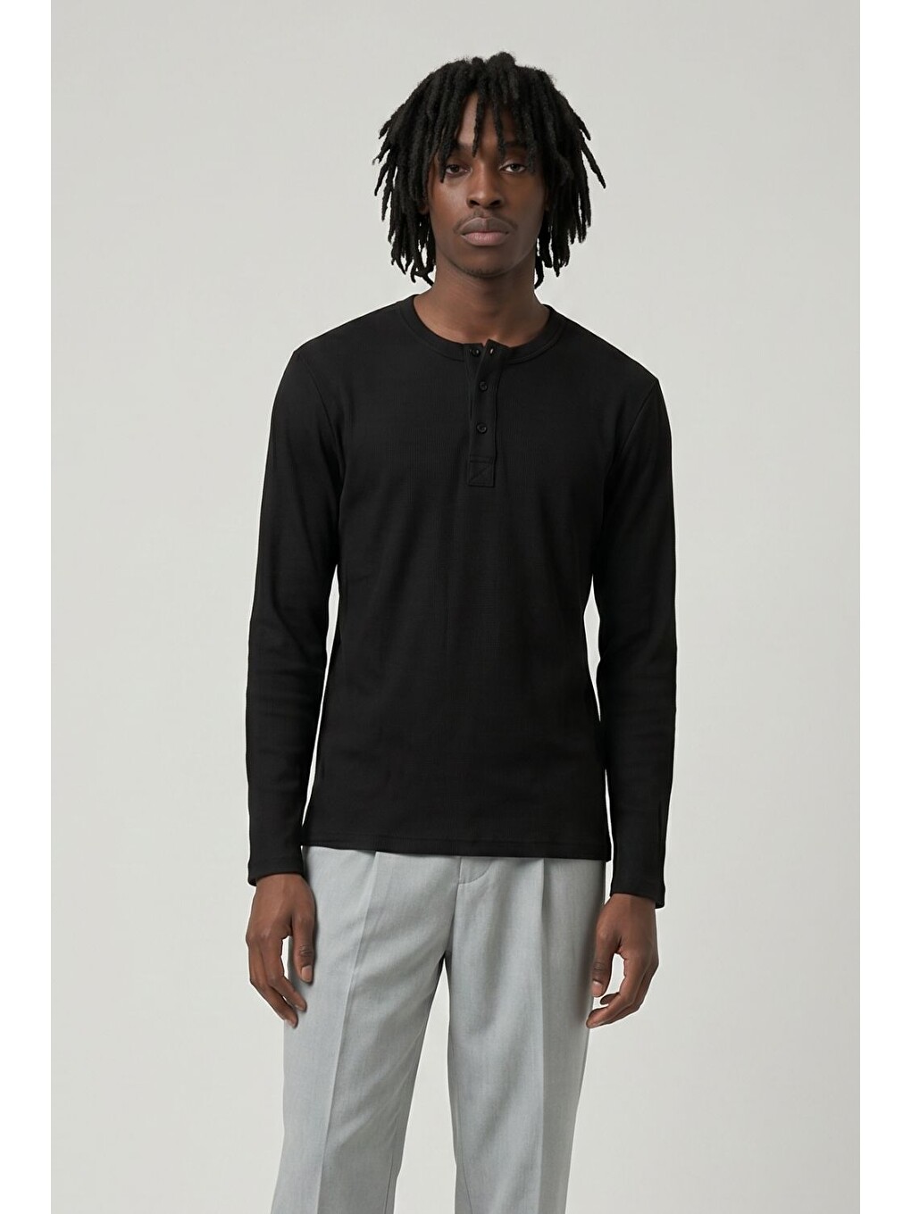 Erkek Siyah Henley T-shirt-2