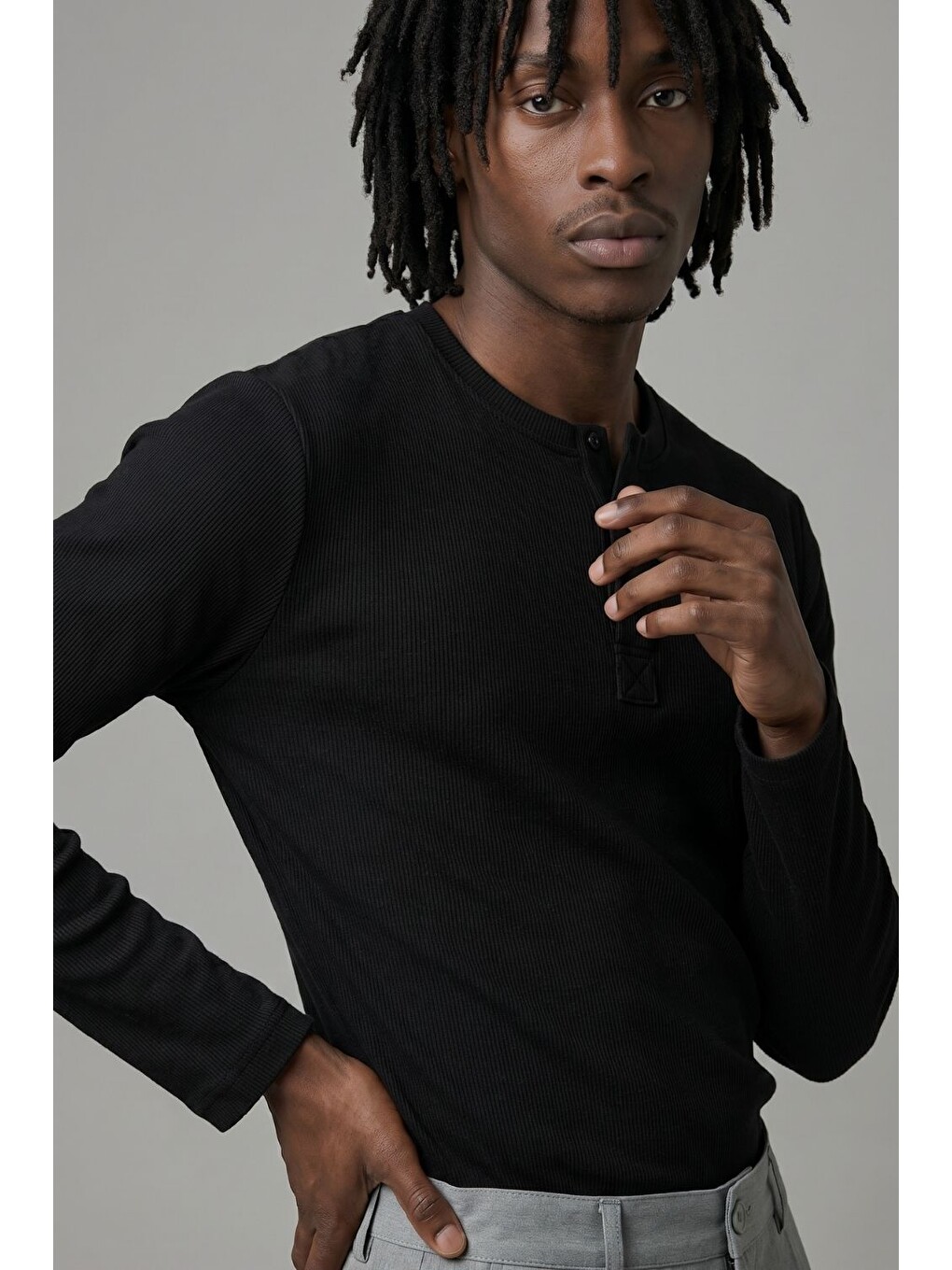 Erkek Siyah Henley T-shirt-4