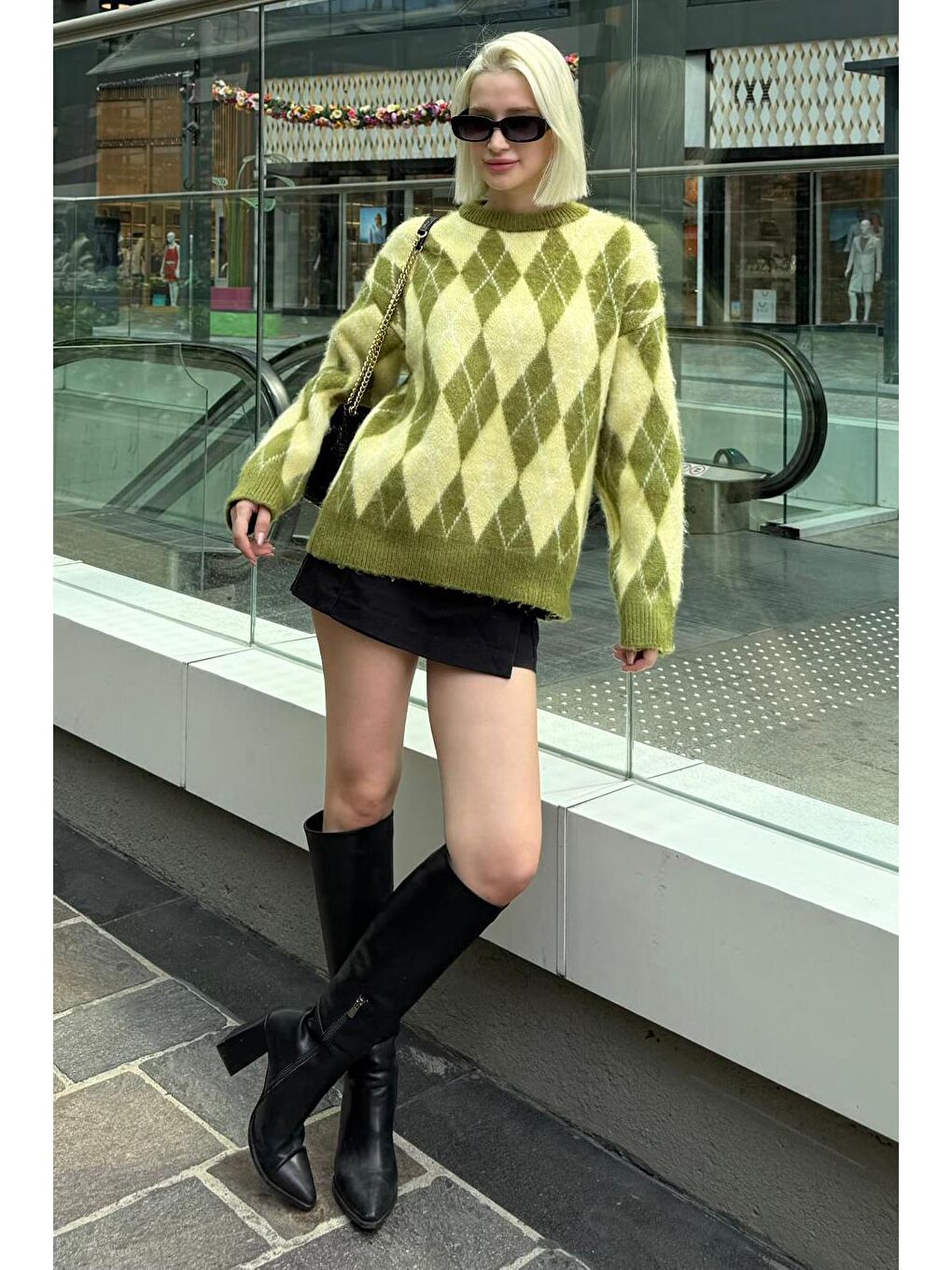 Yeşil Bisiklet Yaka Şardonlu Baklava Desenli Kazak Mg2493-1