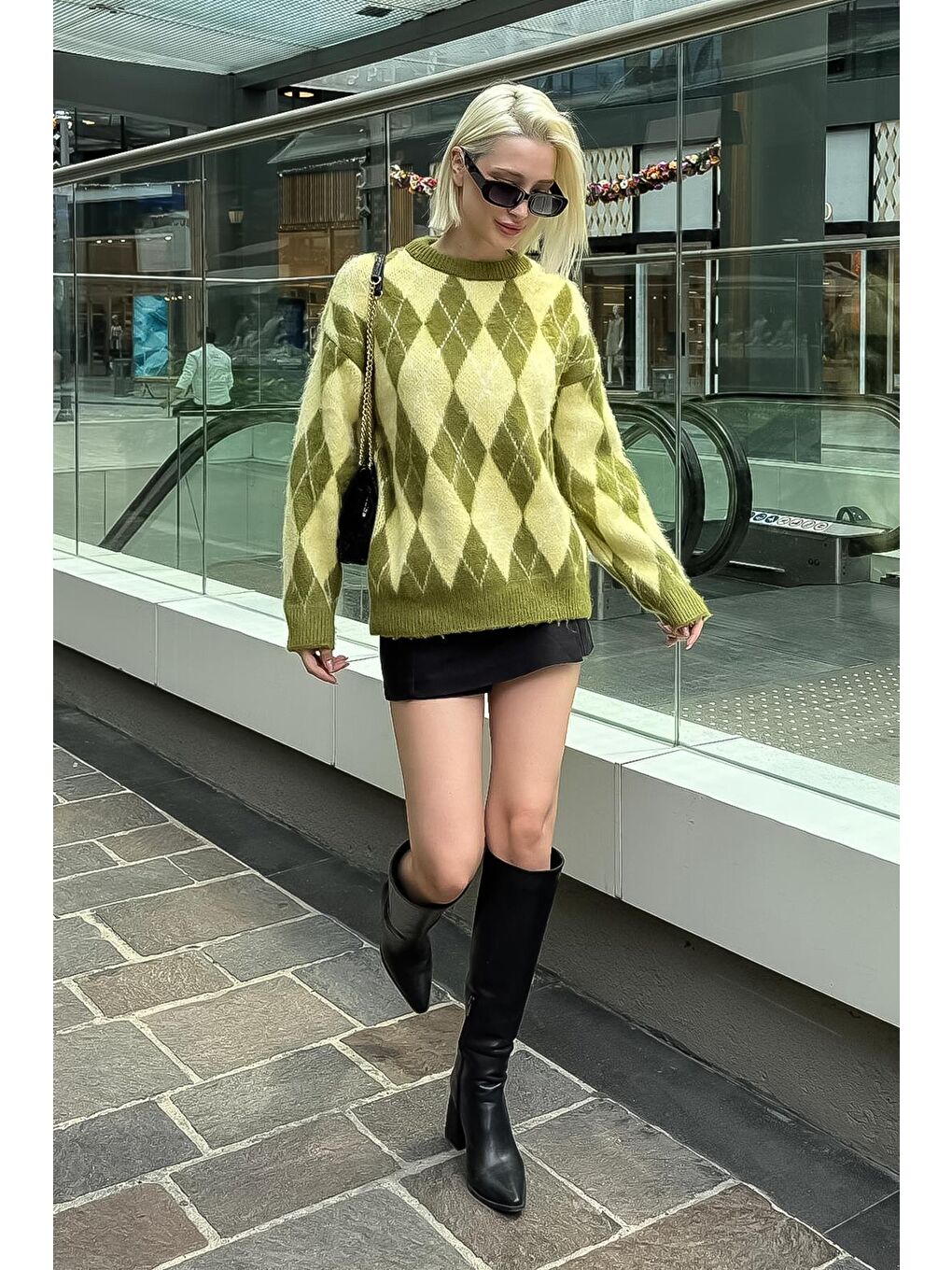 Yeşil Bisiklet Yaka Şardonlu Baklava Desenli Kazak Mg2493-2