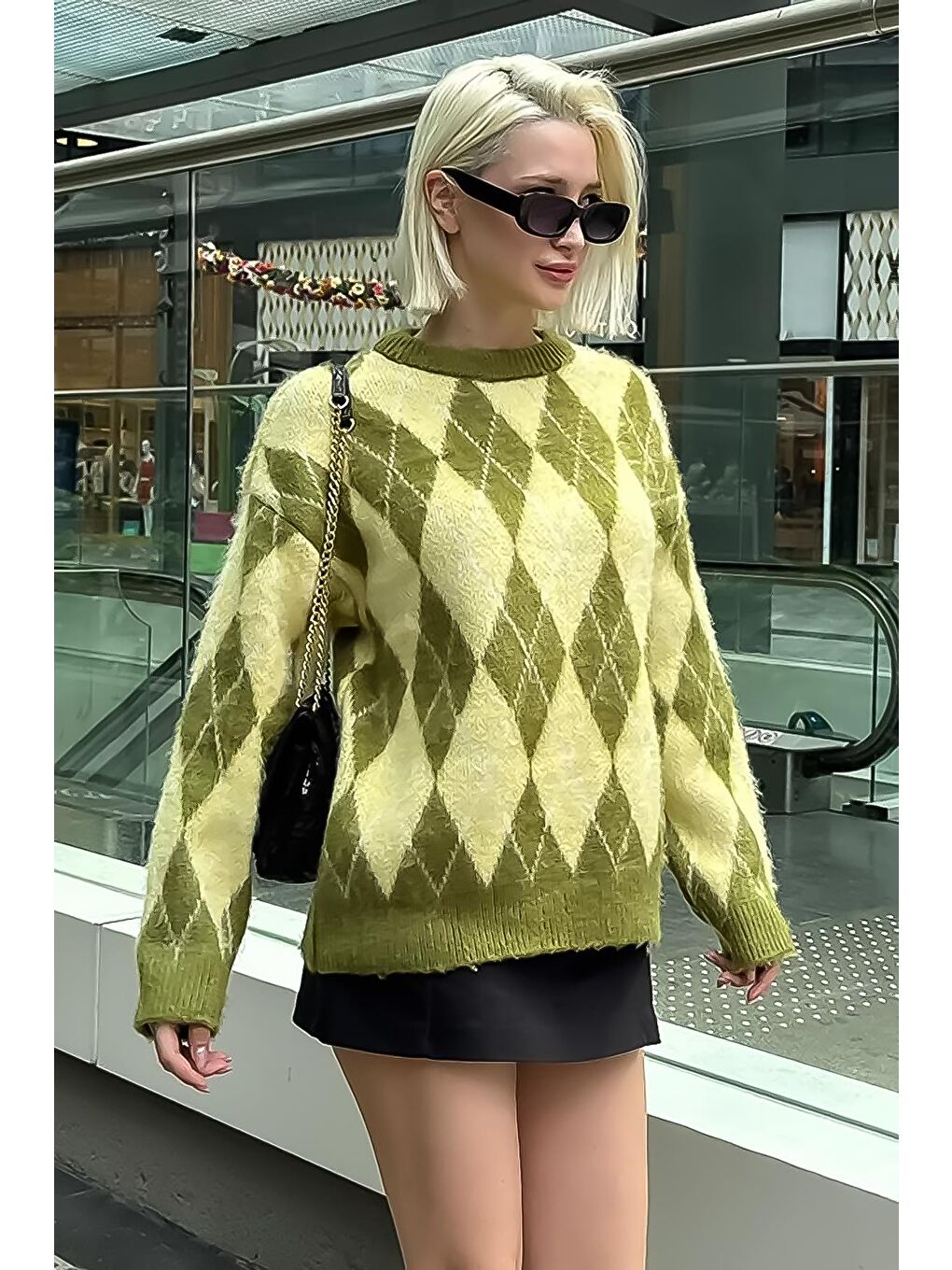 Yeşil Bisiklet Yaka Şardonlu Baklava Desenli Kazak Mg2493-4