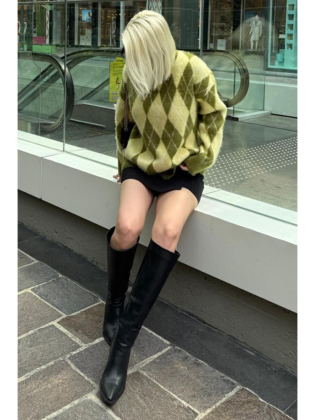 Yeşil Bisiklet Yaka Şardonlu Baklava Desenli Kazak Mg2493-5