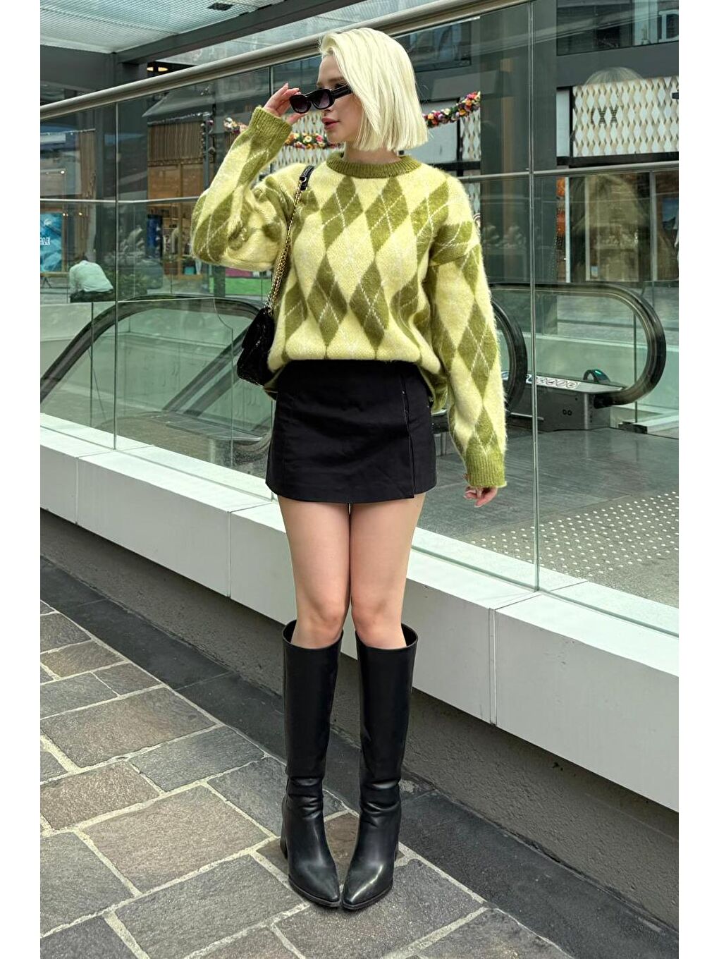 Yeşil Bisiklet Yaka Şardonlu Baklava Desenli Kazak Mg2493-6