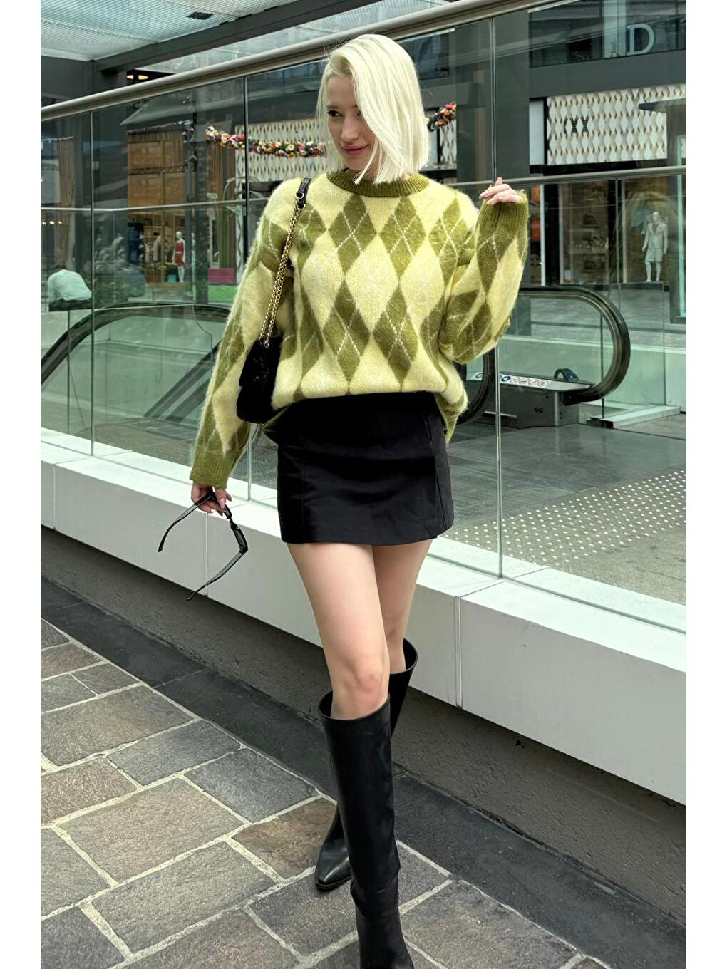 Yeşil Bisiklet Yaka Şardonlu Baklava Desenli Kazak Mg2493-7