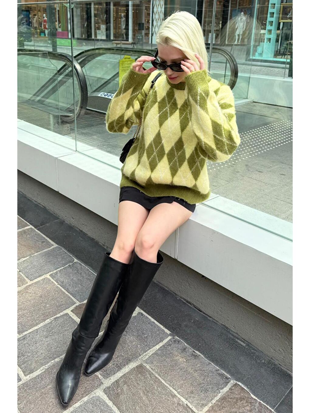 Yeşil Bisiklet Yaka Şardonlu Baklava Desenli Kazak Mg2493-8