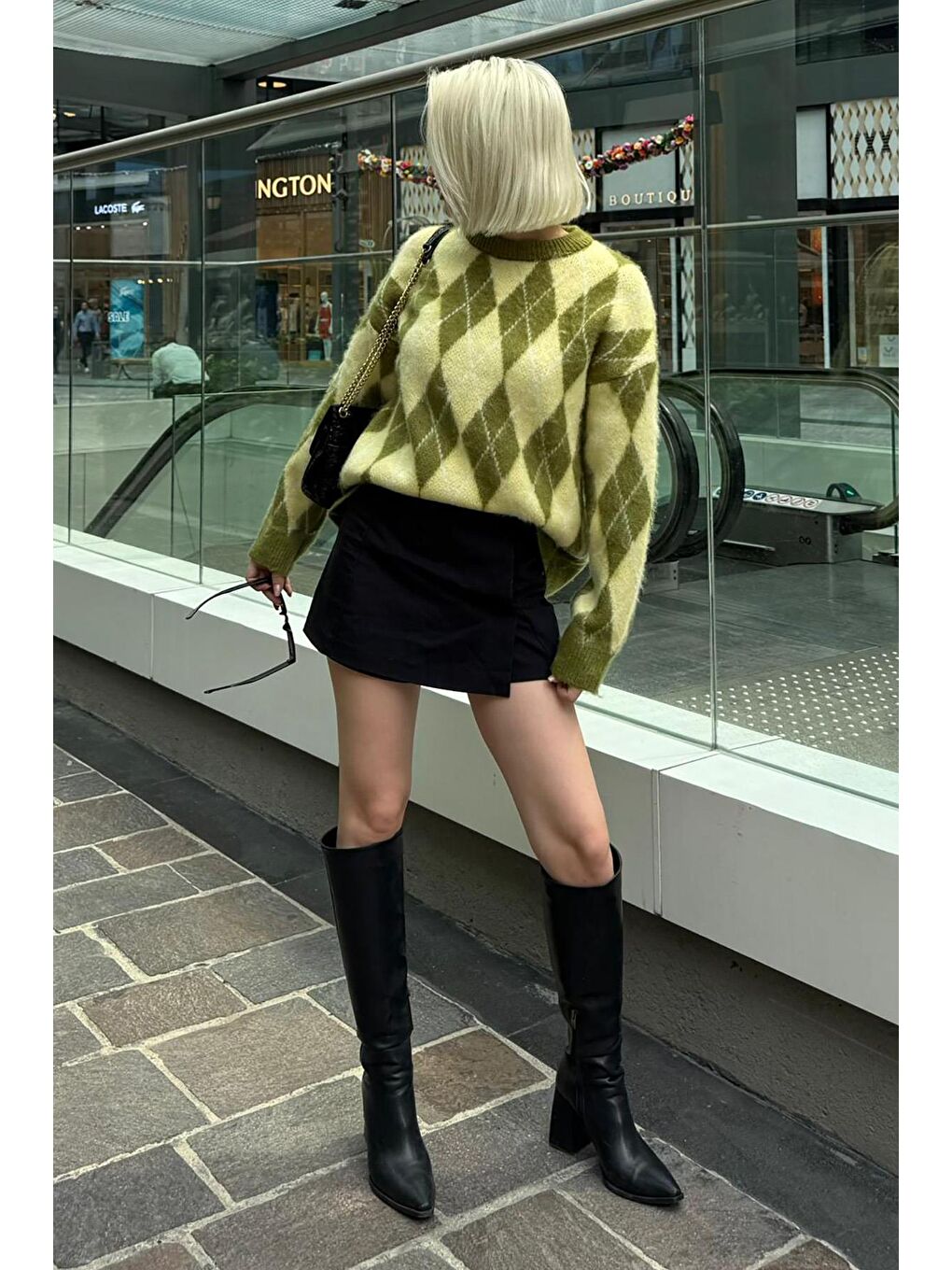 Yeşil Bisiklet Yaka Şardonlu Baklava Desenli Kazak Mg2493-9