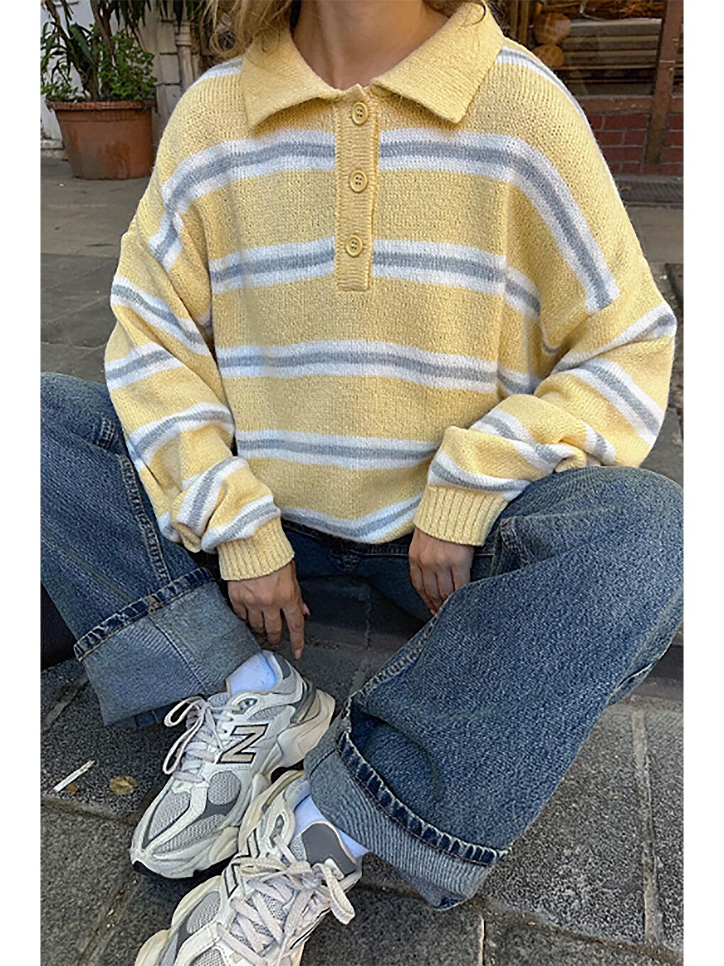 Sarı Polo Yaka Çizgili Kadın Triko Kazak Mg2469-1