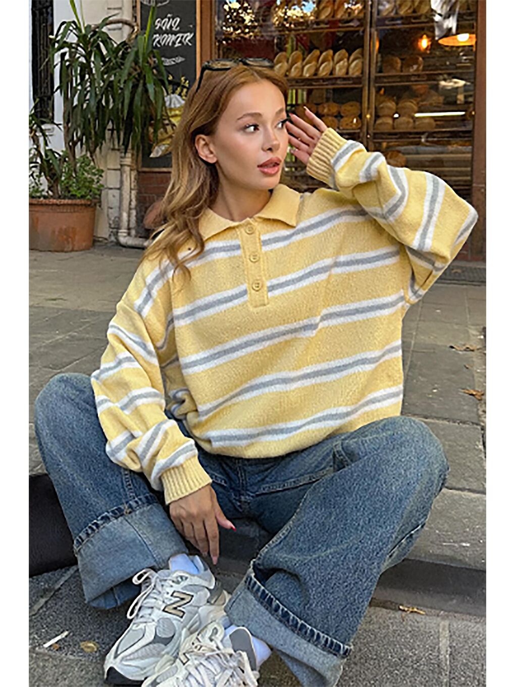 Sarı Polo Yaka Çizgili Kadın Triko Kazak Mg2469-2