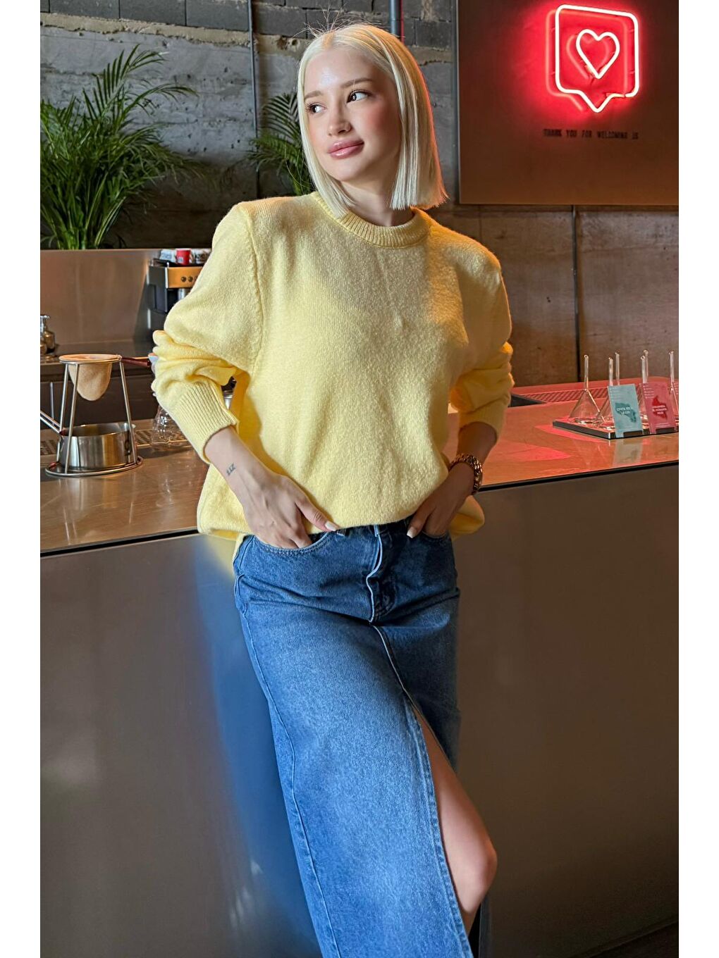 Sarı Bisiklet Yaka Kadın Triko Kazak Mg2494-2