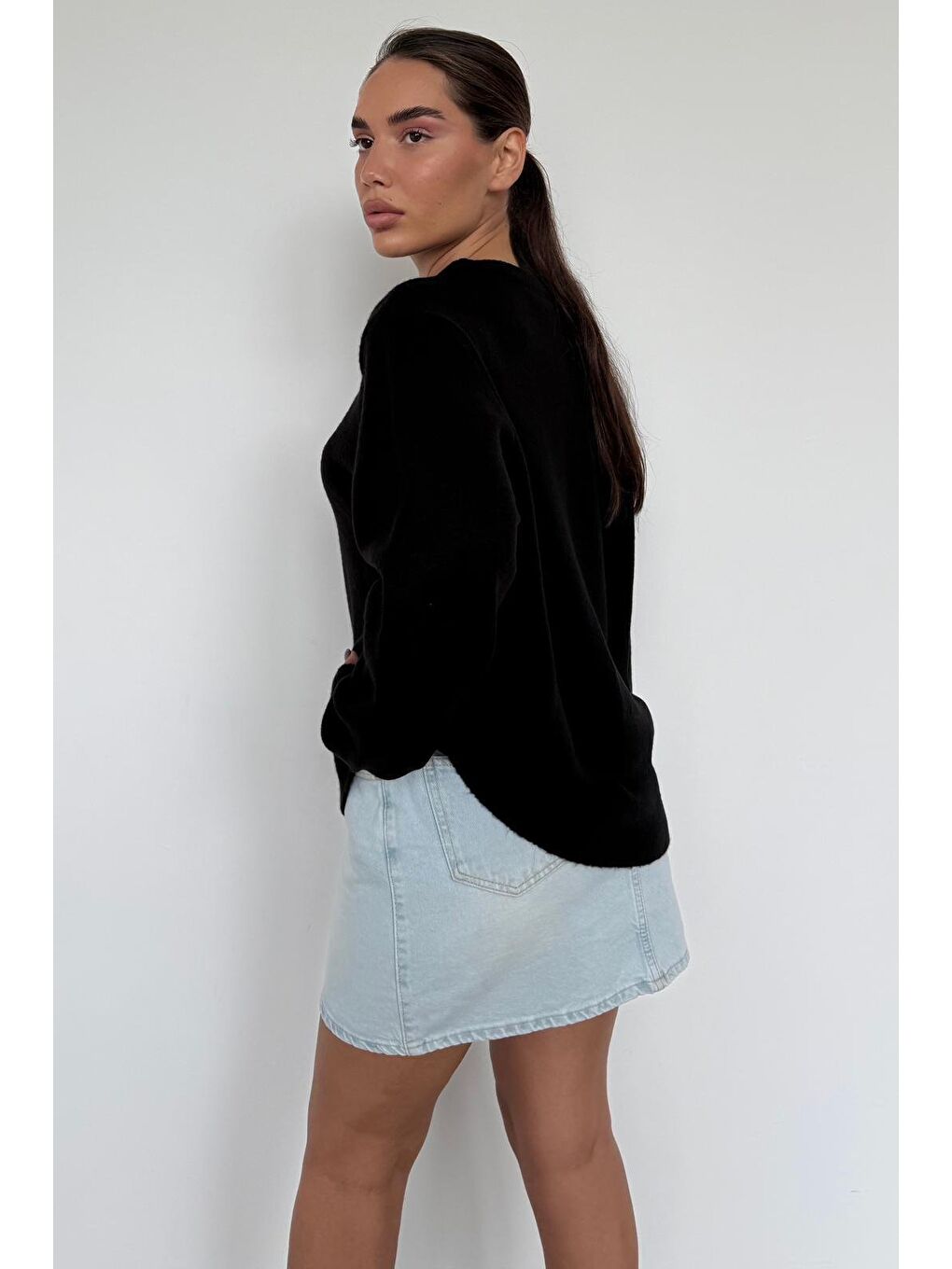 Siyah Bisiklet Yaka Kadın Triko Kazak Mg2494-6