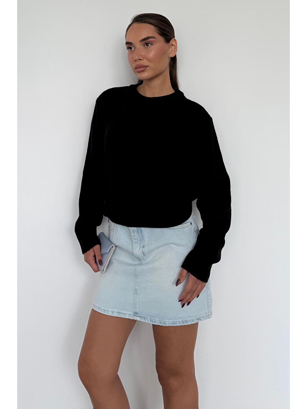 Siyah Bisiklet Yaka Kadın Triko Kazak Mg2494-7