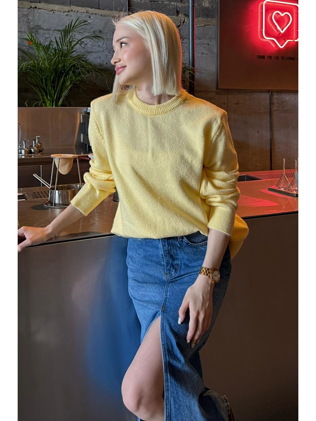 Sarı Bisiklet Yaka Kadın Triko Kazak Mg2494-9