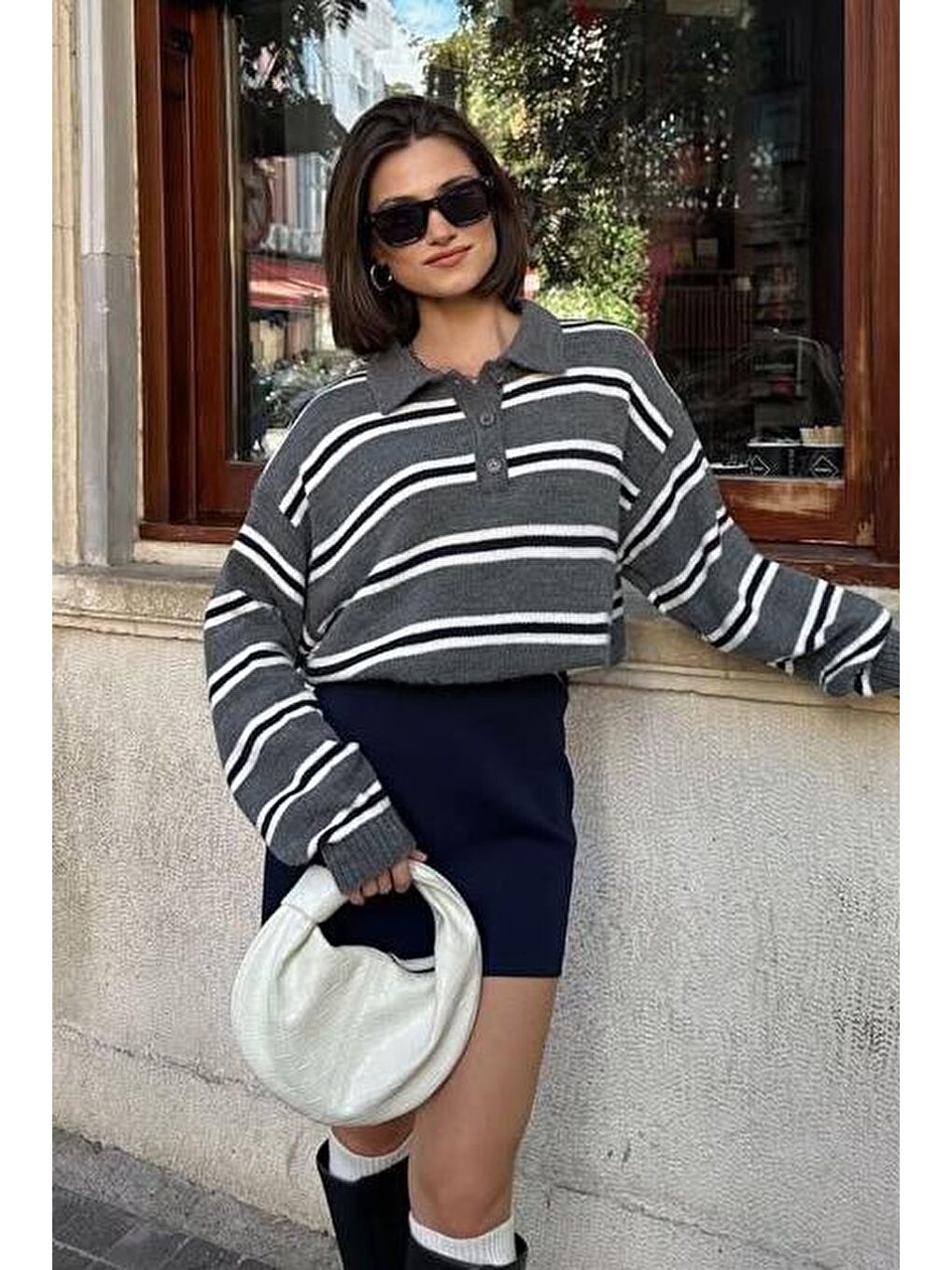 Antrasit Polo Yaka Çizgili Kadın Triko Kazak Mg2469-1