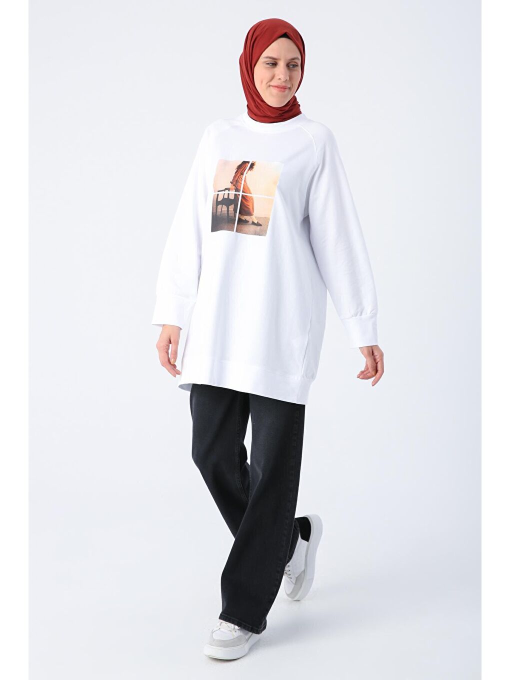 Beyaz Fotoğraf Baskılı Sweat Tunik-2