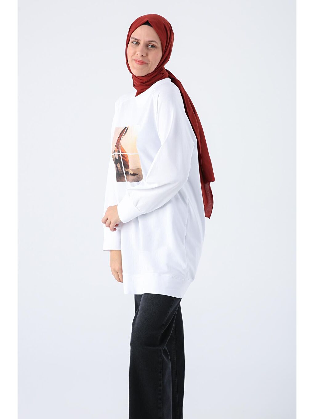 Beyaz Fotoğraf Baskılı Sweat Tunik-4