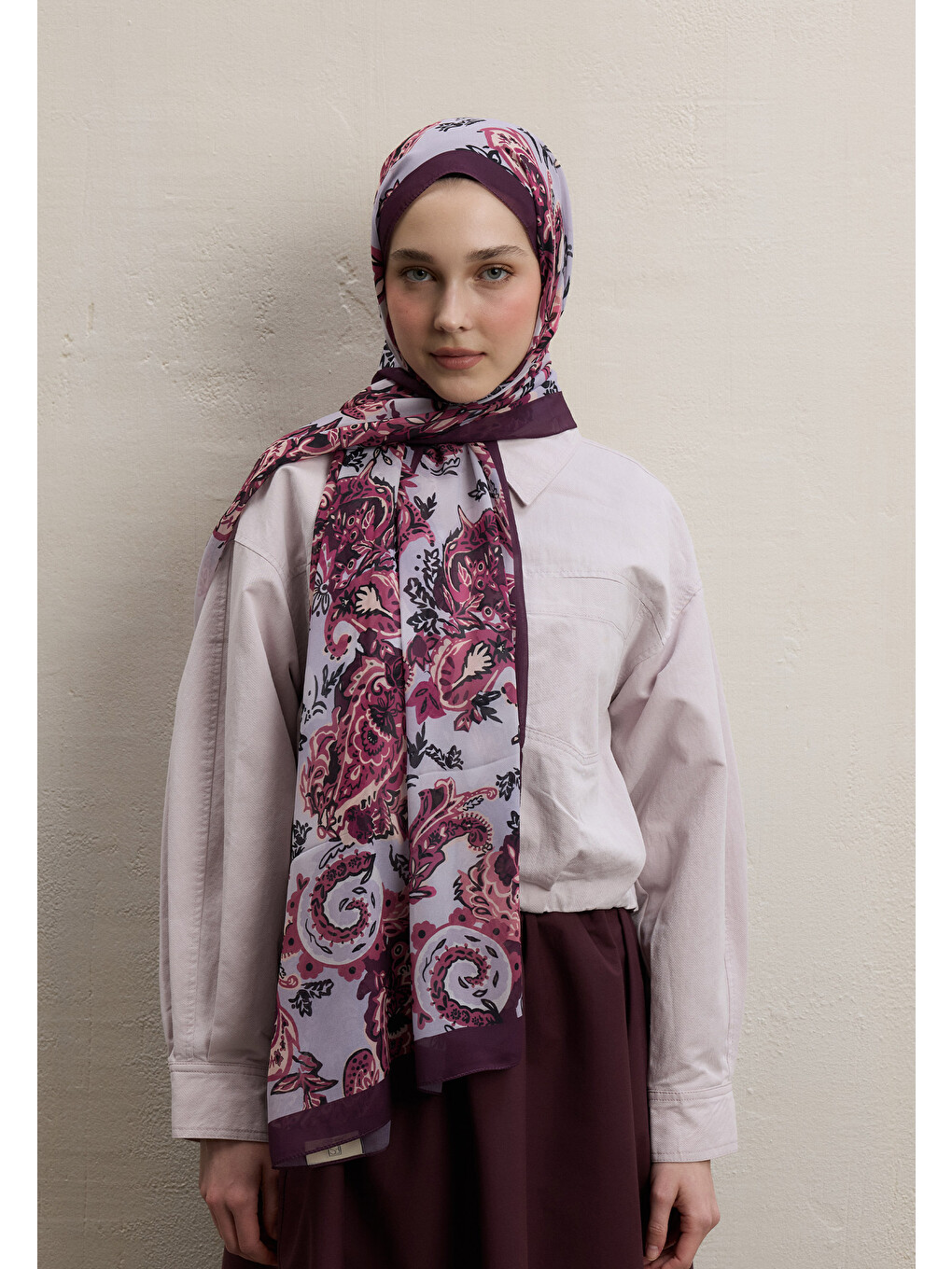 Wıld Flora Desen İpek Krep Şal Mürdüm-2